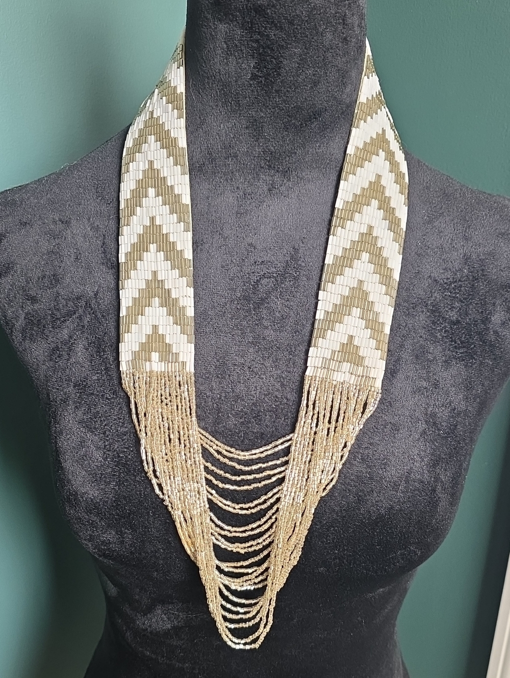 Colleen Lopez White Silver Beaded Scarf Necklace
